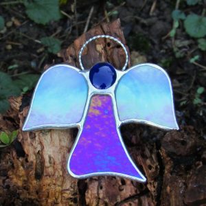 Stained Glass (Angel) in aqua wings and cobalt body iridescent opalescent glass