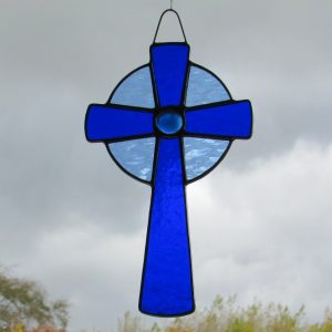 Stained Glass Celtic cross in a selection of two blues textured glass