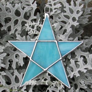 Stained Glass Pentagram Star in turquoise and white streaky textured glass