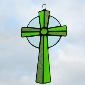 Stained Glass Celtic cross in a selection of green textured glass (2)
