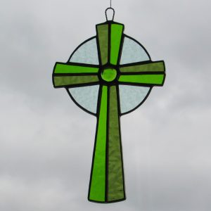 Stained Glass Celtic cross in a selection of green textured glass