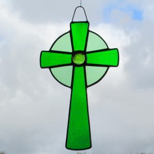 Stained Glass Celtic cross in a selection of two greens textured glass